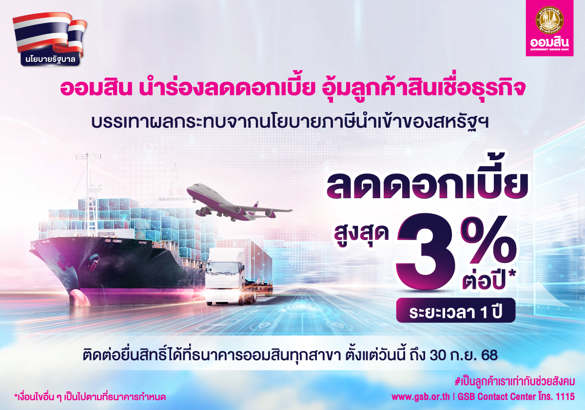 ออมสิน ลดดอกเบี้ยสูงสุด 3% ช่วยลูกค้าสินเชื่อธุรกิจที่ได้รับผลกระทบนโยบายกำแพงภาษีสหรัฐฯ
